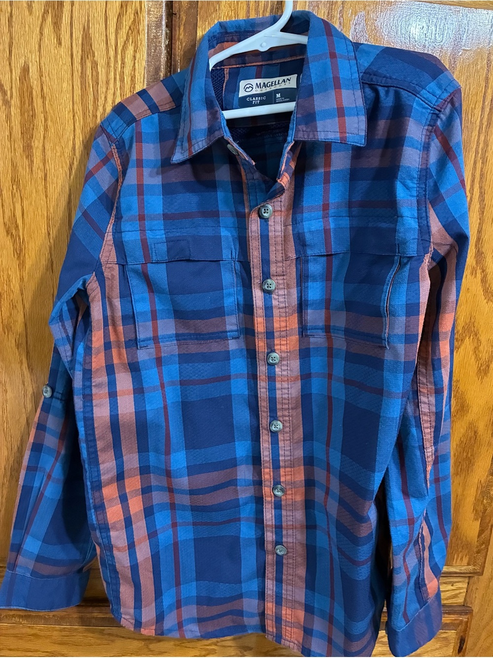 Boys Magellan Outdoors Blue and Orange Plaid Long-Sleeve Button-Down Shirt